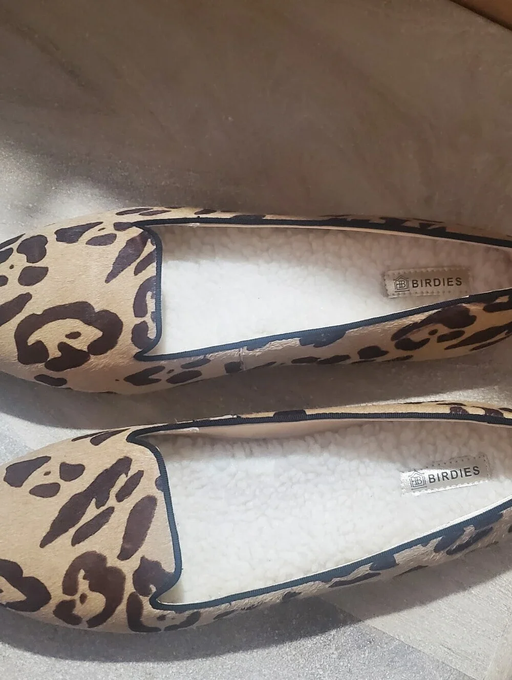 BIRDIES STARLING NWOT SZ 11. CALF HAIR LEOPARD PRINT LOAFERS. SHERPA LINING